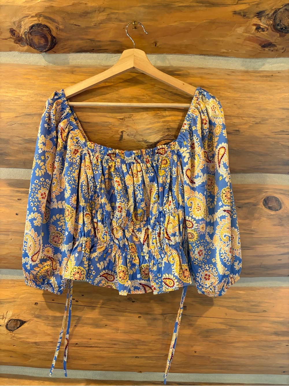 Lulus Staying Cute Blue Paisley Satin Ruffled Long Sleeve Top size Medium - Picture 2 of 5